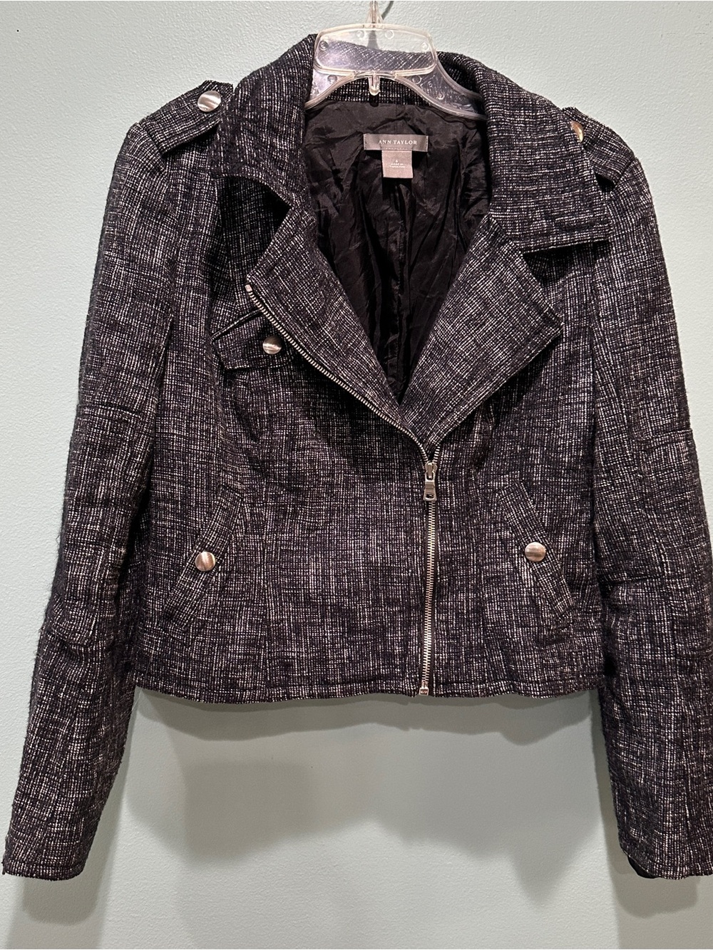 Ann Taylor Black Tweed Moto Jacket Long Sleeve Career